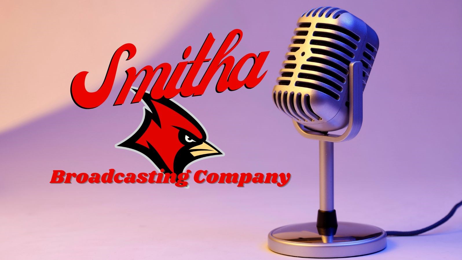 purple background with a desk microphone.and a Smitha Cardinal logo. Text reads: Smitha Broadcasting Company